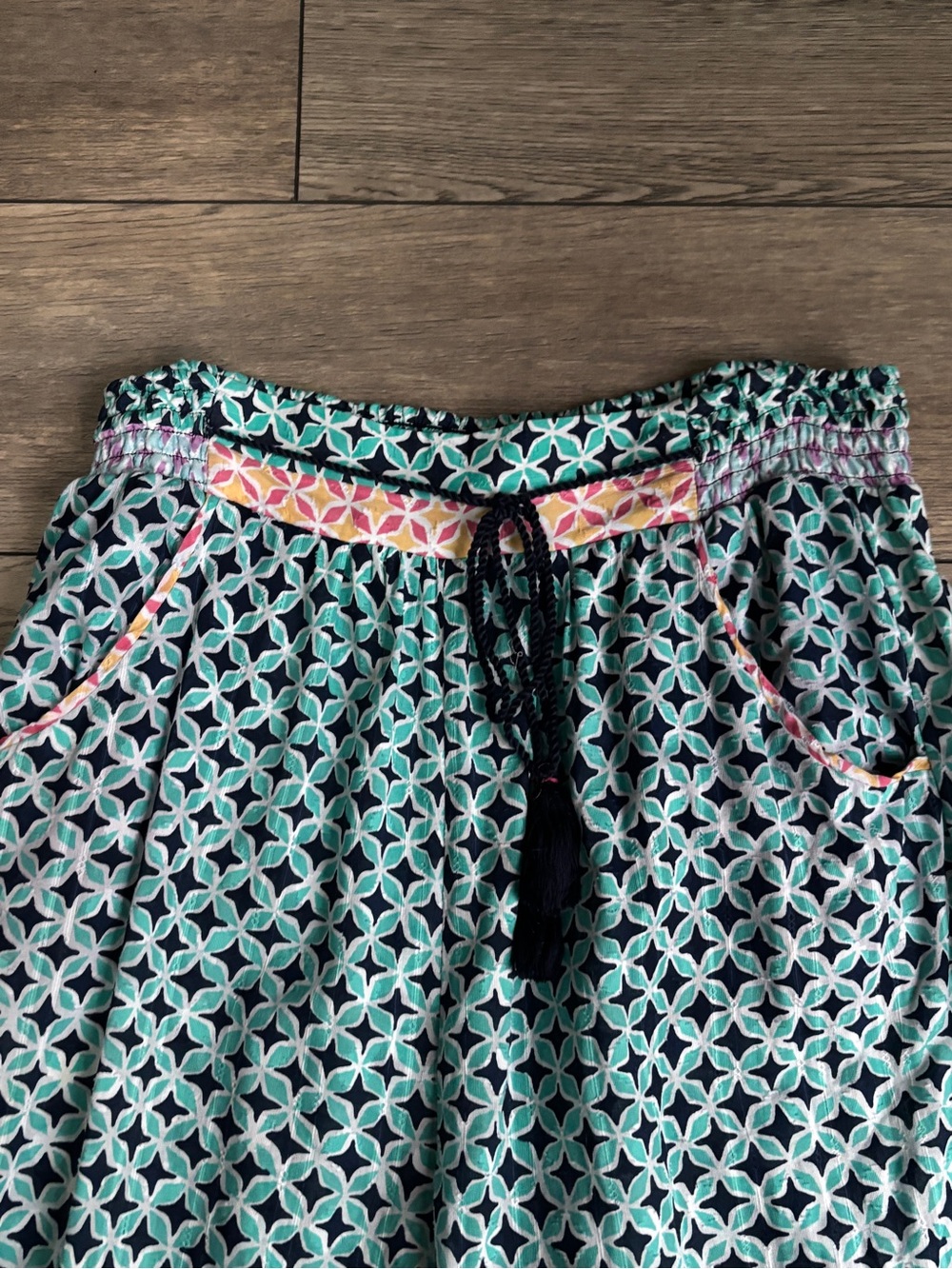 Anthropologie Wide Leg Boho Drawstring Cotton Pants Turquoise White Sz Large - Picture 2 of 13